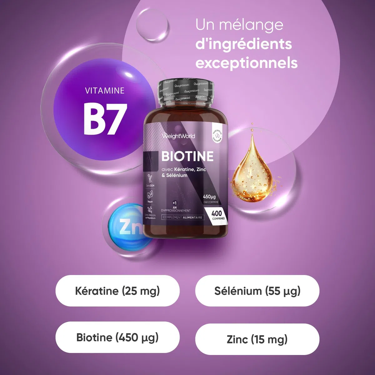 Biotine Cheveux avec Selenium, Zinc et Kératine - 400 Micro Comprimés Vegan de Biotine Zinc Selenium +1 An de Stock - Selon l'EFSA, la biotine contribue au maintien d'une chevelure normale - sans OGM