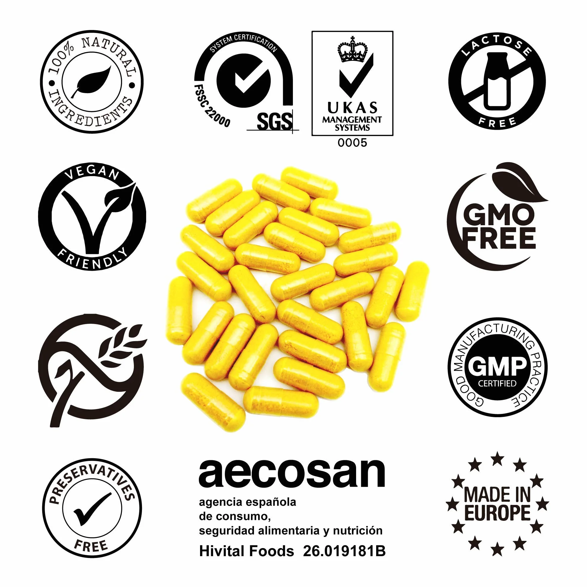 Curcuma Extrait concentrée 6000 mg avec 285 mg de Curcumine et Poivre Noir. 120 gélules végétales pour 4 mois de traitament. Fabriqué en Europe par HIVITAL
