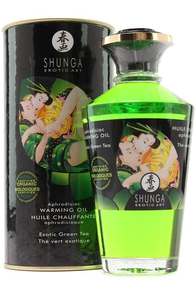 Shunga Huile de Massage Thé Vert Chauffante Comestible Bio, Vert, 100 ml, 1 Unité