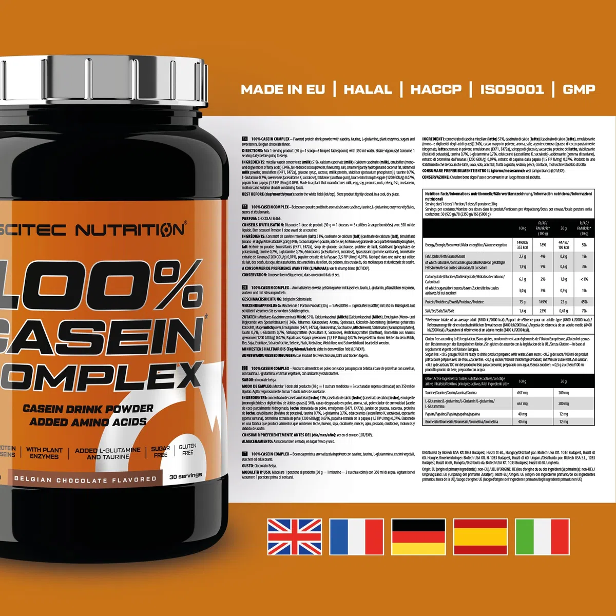 Scitec Nutrition 100% Casein Complex - Complexe de caséine à base de caséine micellaire - avec L-Glutamine, Taurine et Enzymes végétales, 920 g, Chocolat belge