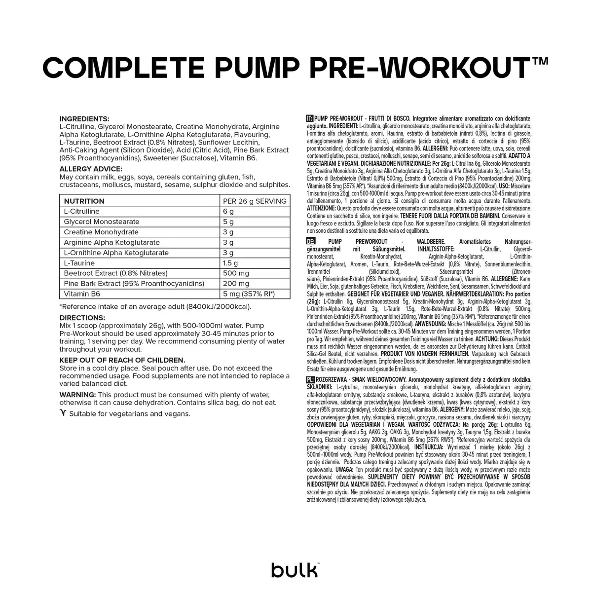 Bulk Pre Workout Complete Pump, Fruits Rouges, 500 g, 19 Portions