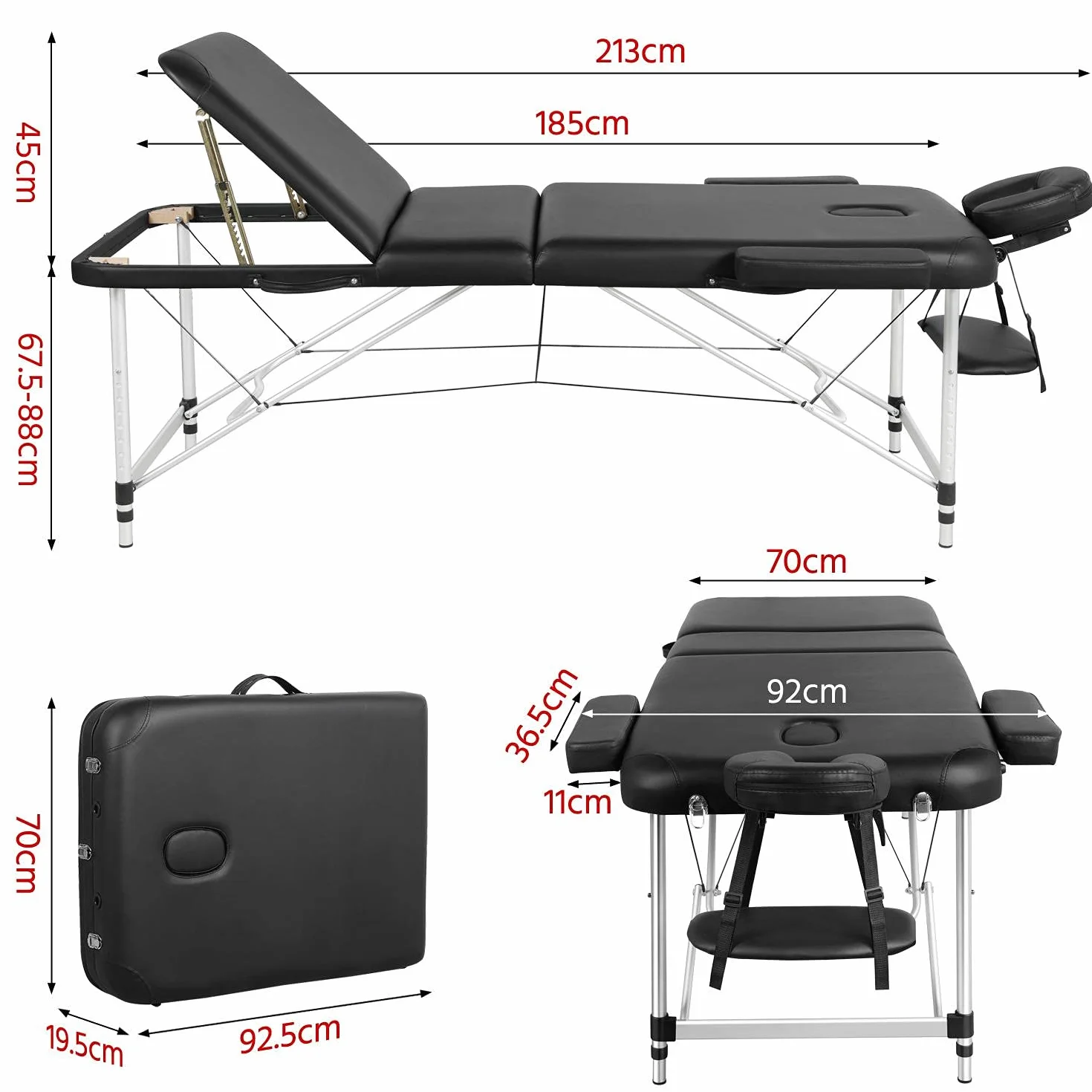 Yaheetech Table de Massage Pliante Professionnelle 3 Section 90 x 213 cm avec Cadre en Aluminium Lit de Massage Large Portable à Hauteur Réglable Repose-tête Ergonomique pour Massage Spa Tatouage