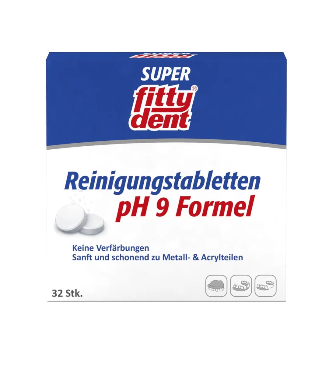 Fittydent Lot de 4 tablettes de nettoyage 32 pièces – Nettoyage et entretien avec formule d'entretien PH9 – Empêche la décoloration