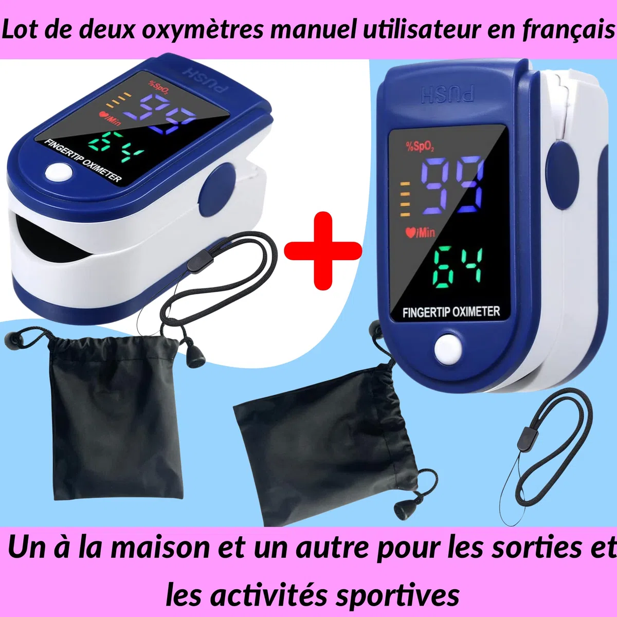 Oxymètre de Pouls Doigt – LOT DE 2 – Mesure SpO₂ & Fréquence Cardiaque – Écran LED Lisible – Piles Incluses – Oxymètre Adultes & Adolescents – Usage Bien-Être notice en Français etui et cordon