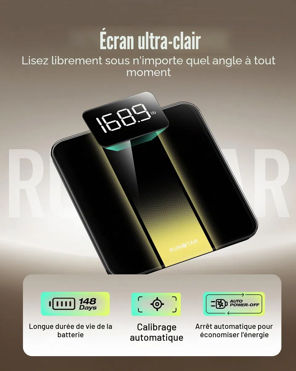 RunSTAR Balance Pese Personne, Haute précision avec grand écran rétroéclairé à LED clair, Pese personnes avec verre trempé de 6 mm, 180kg/400lb
