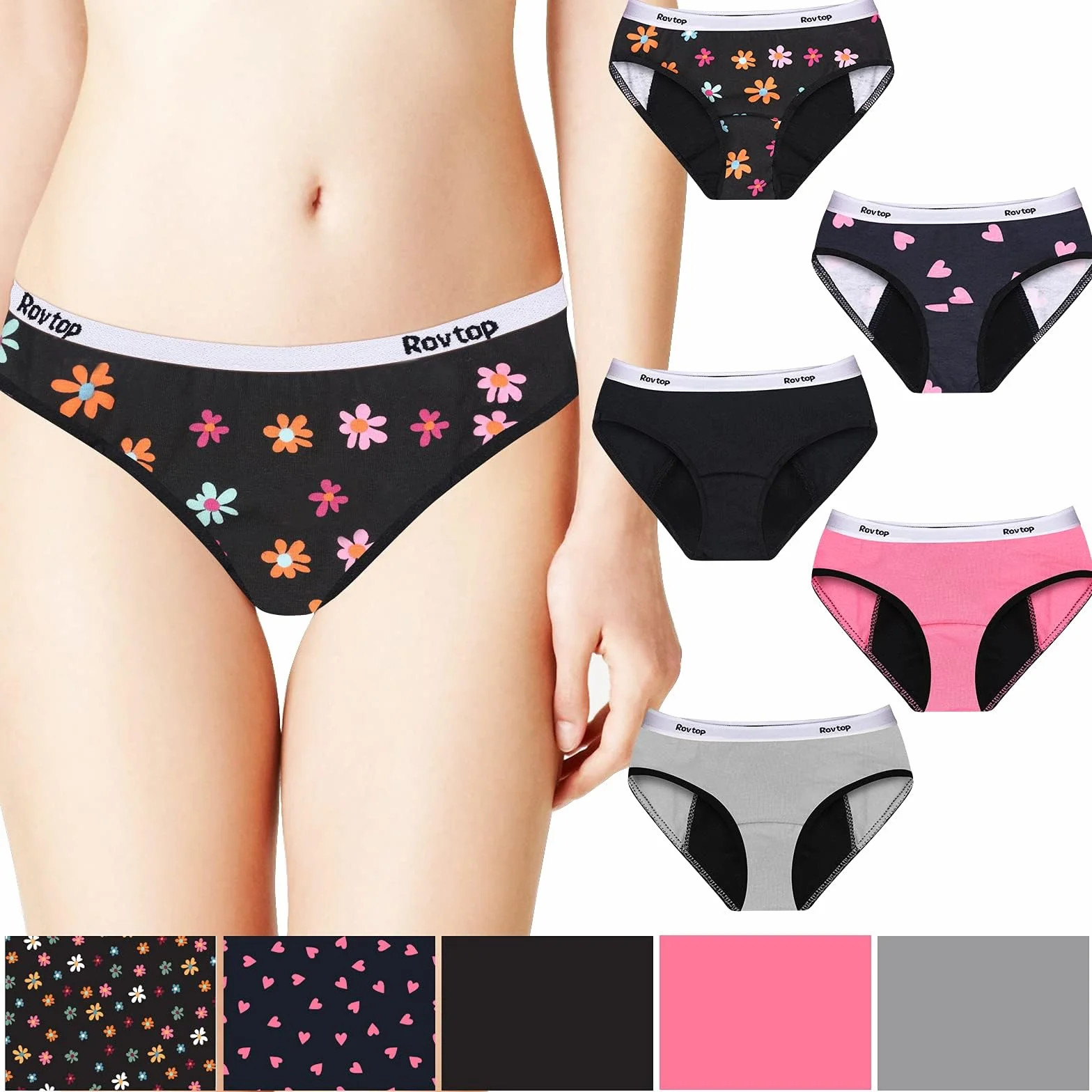 Rovtop Lot de 5 Culotte Menstruelle en Coton pour Fille Culotte Incontinence pour Enfants Adolescente Culotte Périodiques Lavable 14-16 Ans Taille XL