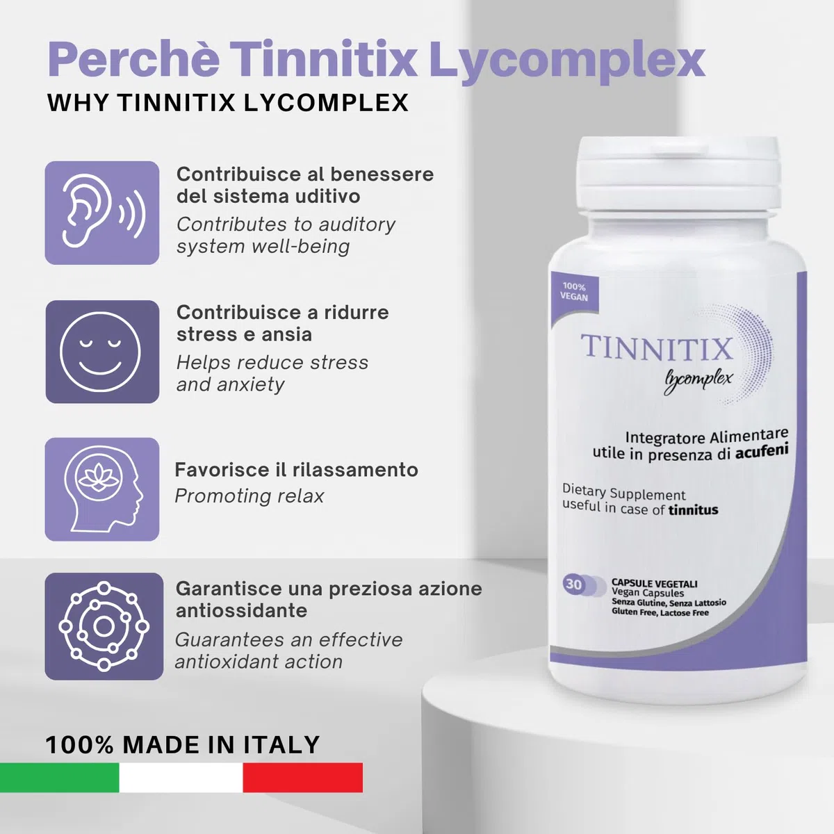 Tinnitix Lycomplex Complément alimentaire en cas d'acouphènes ou tinnitus (bourdonnement des oreilles) | Action relaxante et antioxydante