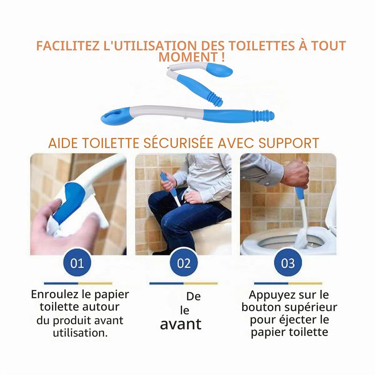 Aide aux Toilettes avec Poignée Longue Portée, Outil d'Assistance Mobilité pour Essuyage sans Se Pencher, Pince Papier Toilette Confortable