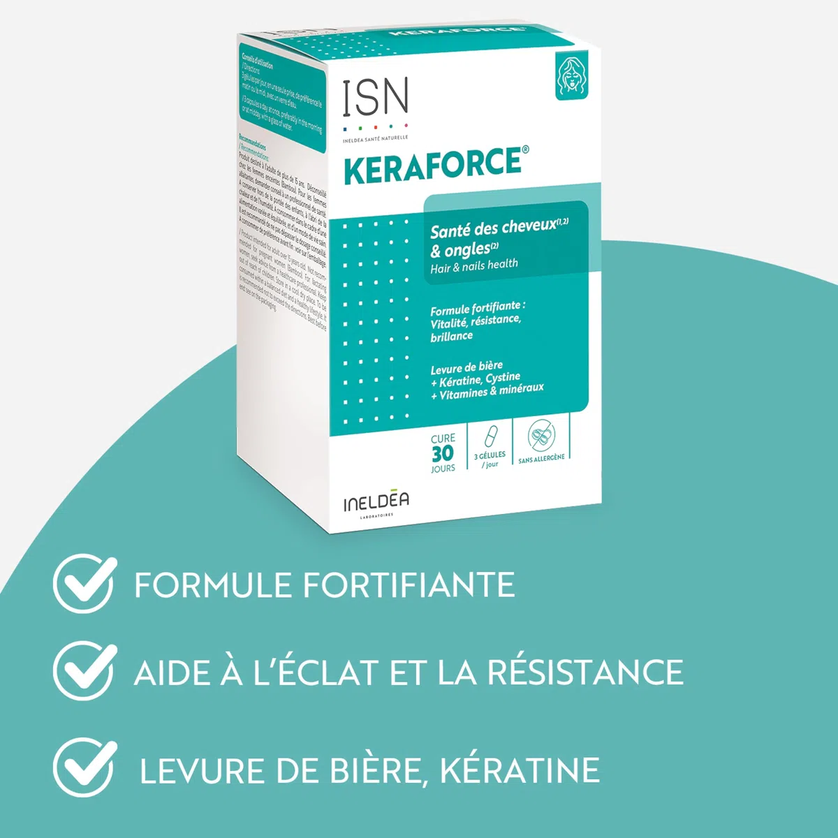 Ineldea Santé Naturelle - Keraforce - Nourrit les cheveux et les ongles - Améliore la résistance et la beauté - Kératine + Levure de Bière + Vitamines - Cure 30j