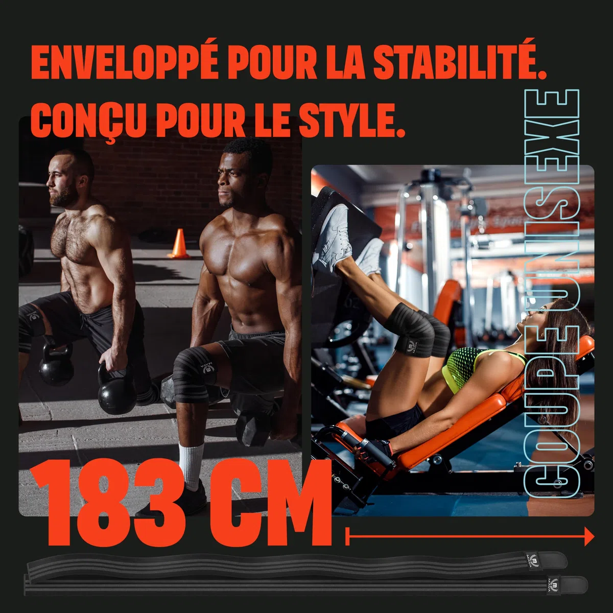Genouillère de Compression Mava 183 cm pour Homme et Femme - Genouillère Squat pour Gym et Musculation - Attelle de Genou Support Élastique