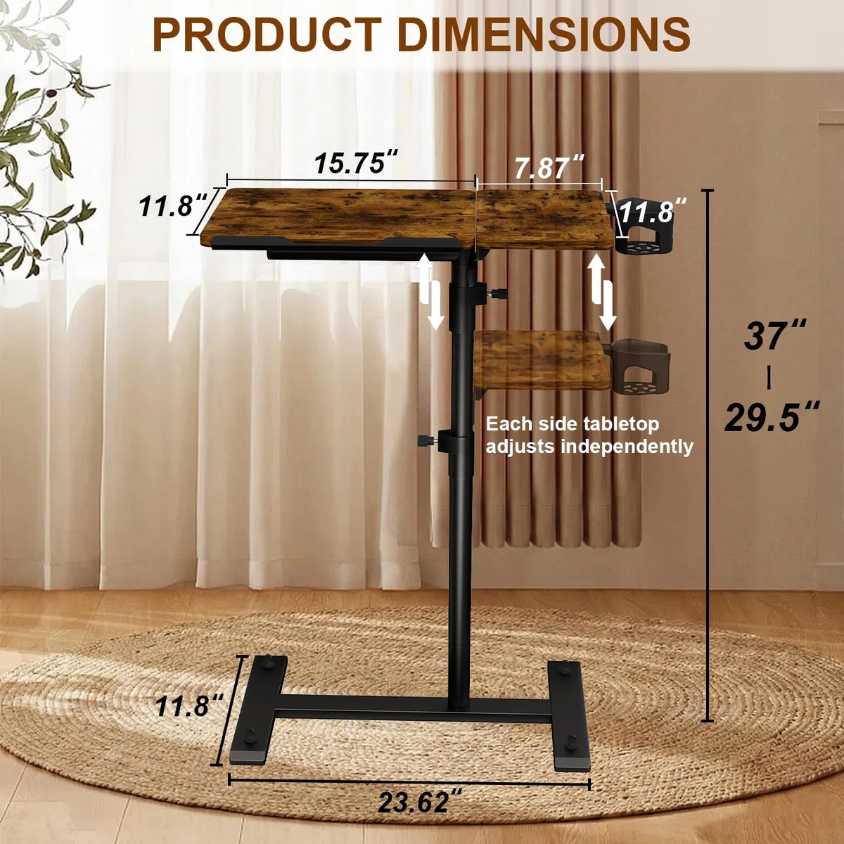 Aothia Table d'appoint réglable en hauteur avec roulettes cachées, table de soin pour lit, table d'ordinateur en bois, petite table de chevet, table de canapé, table de chevet pour salon, chambre à
