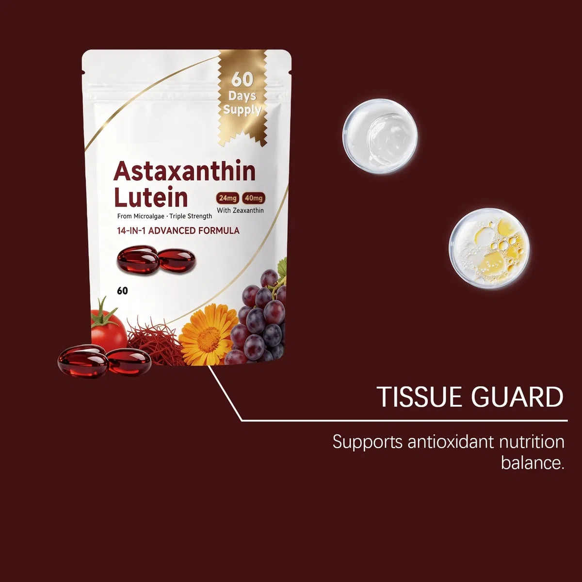 Astaxanthine 24 mg et lutéine 40 mg, soutient les yeux, la peau et les articulations, pour hommes et femmes, 60 unités,1pcs