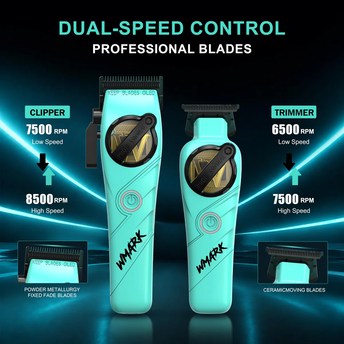 WMARK Kit de coupe professionnel 2 pièces pour barbier : tondeuse haute vitesse (7500/8500 tr/min) et tondeuse de précision (6500/7500 tr/min), lames en céramique, batteries rechargeables aux ions de