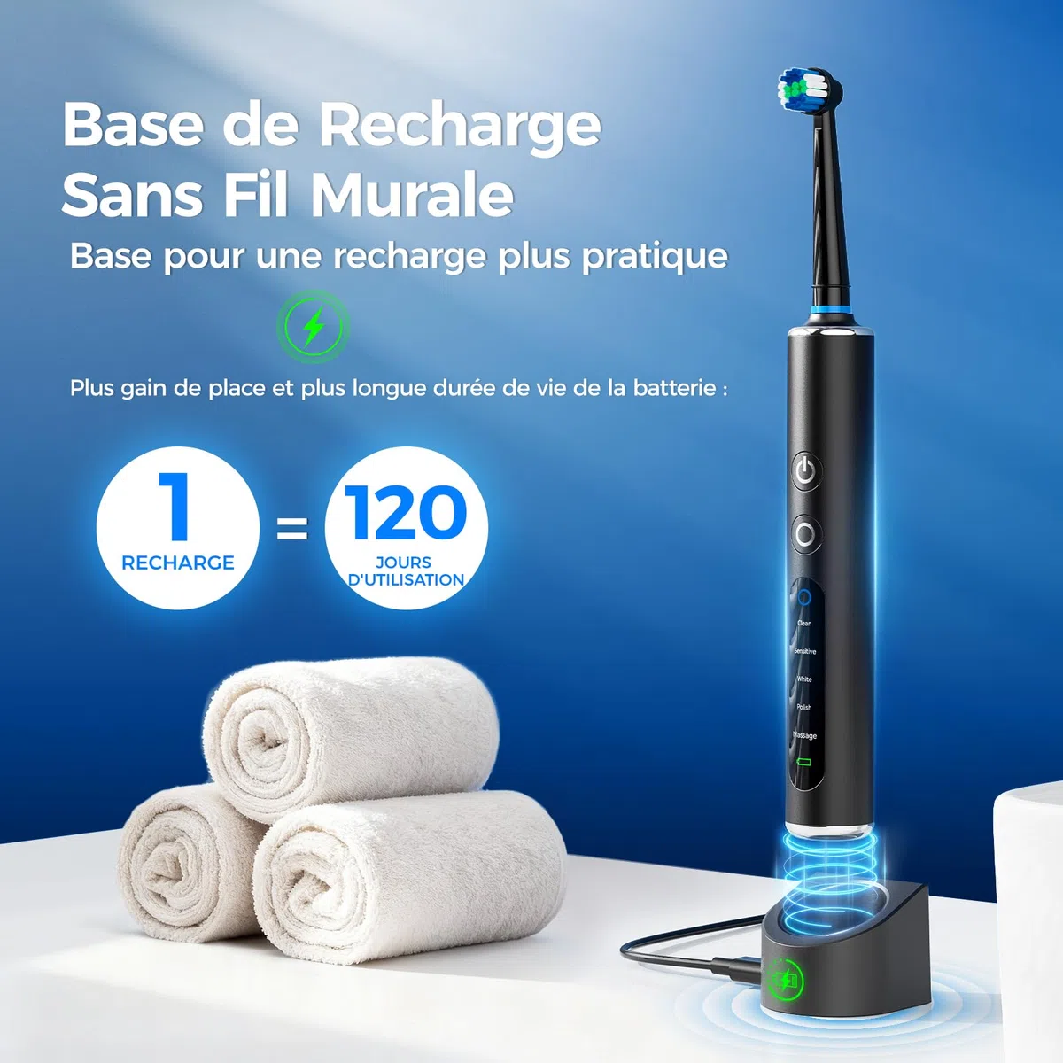 Brosse à Dents Électrique Rotative Pour Adultes et Enfant, 3 Intensités 5 Modes, Brosse à Dent Électrique avec 8 Têtes de Brosse, Étui de Voyage, Étanche IPX7, Batterie 120 Jours(Noir Profond)