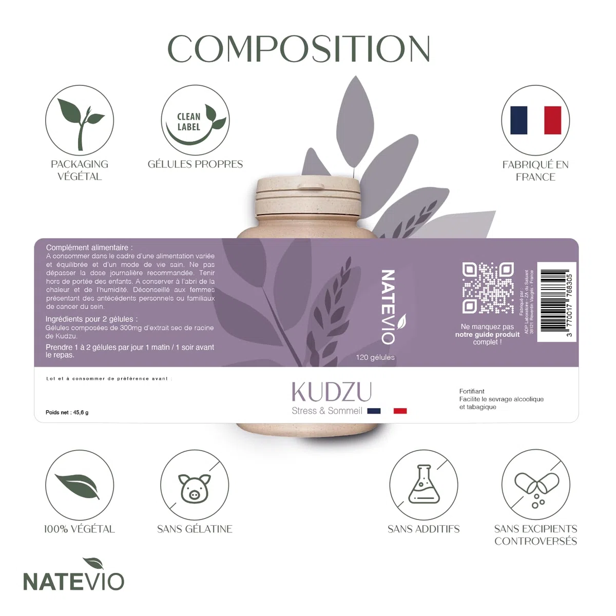 Kudzu - 600 mg (8% isoflavones garanti) - 120 gélules - Sevrage des addictions - Complément alimentaire pour le stress et surmenage - Calmant - 100% naturel - Fabriqué en France