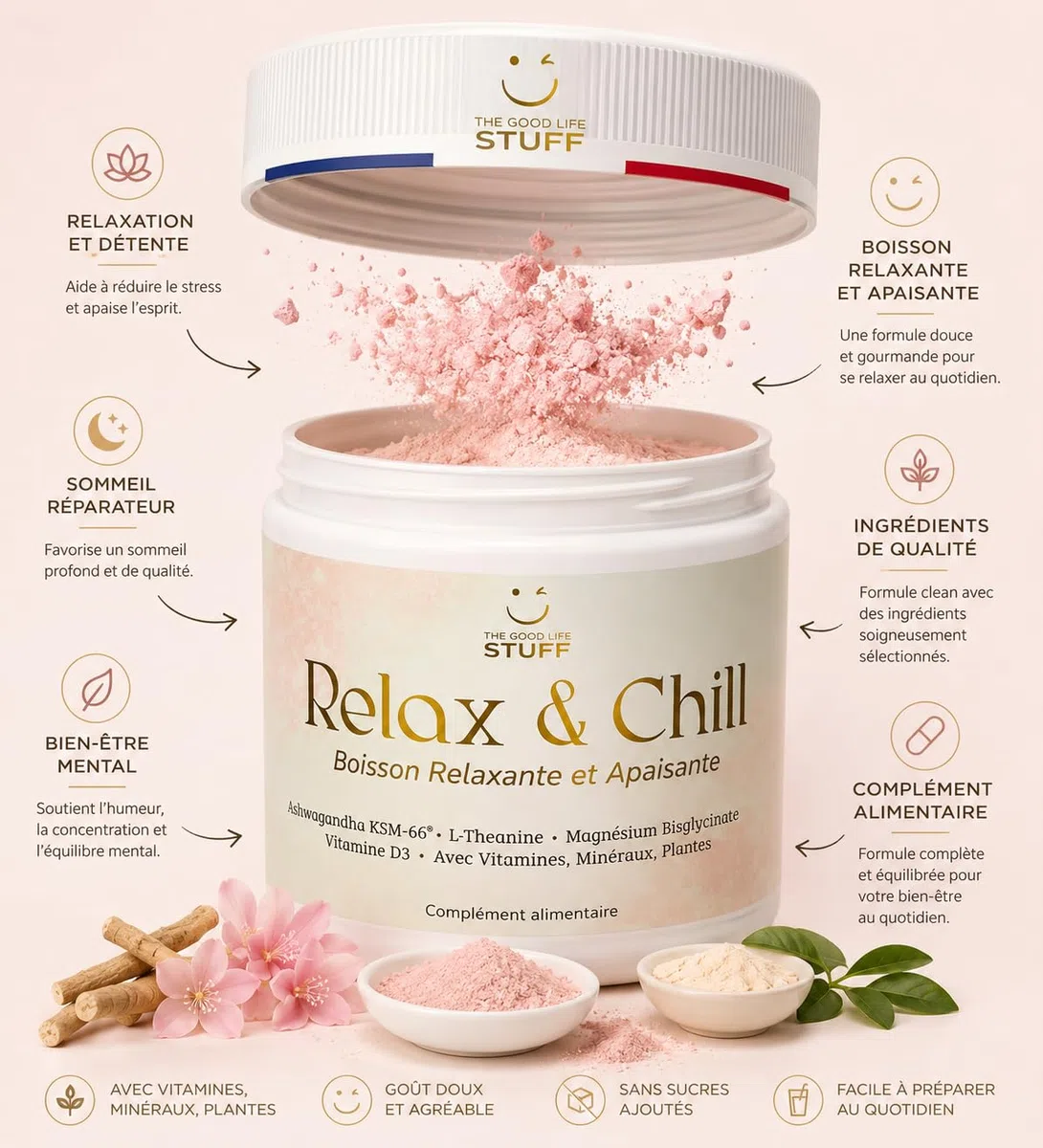 Relax & Chill Boisson Relaxation Anti-Stress/Ashwagandha KSM-66, L theanine, Magnesium Bisglycinate & Vitamine D/Baisse Cortisol & Stress, Améliore Détente et Qualité du Sommeil/Sans Cafeine ni Sucre