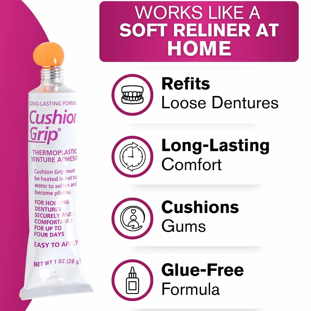 Cushion Grip - Adhésif souple pour prothèses dentaires en thermoplastique souple et pliable pour le remontage et le serrage 1 oz (28 grammes)