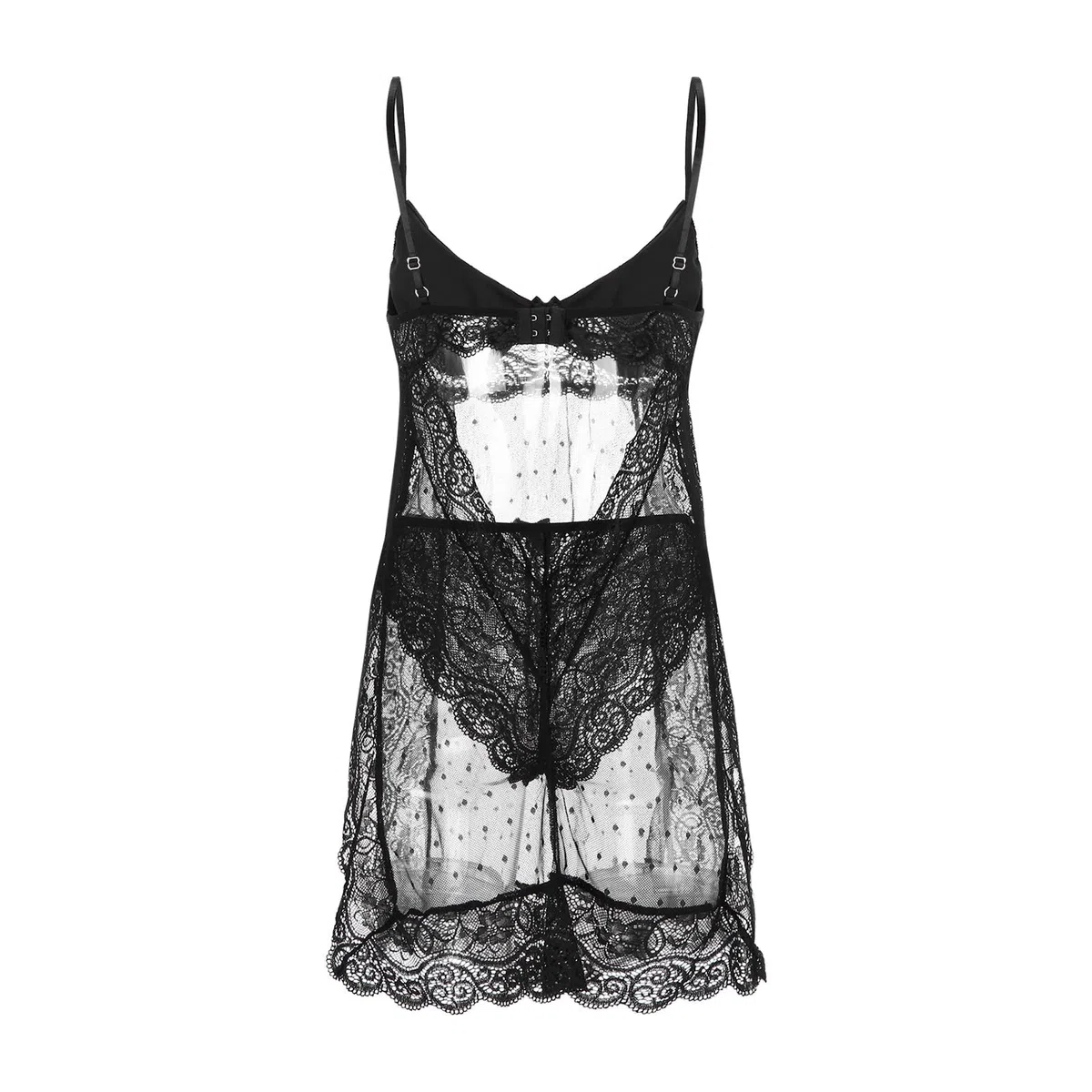 Nuisette sexy pour femme - Dentelle transparente - Fine - En maille fine - Avec string - Bretelles spaghetti - Lingerie érotique transparente - Chemise de nuit sexy pour le sexe (noir)