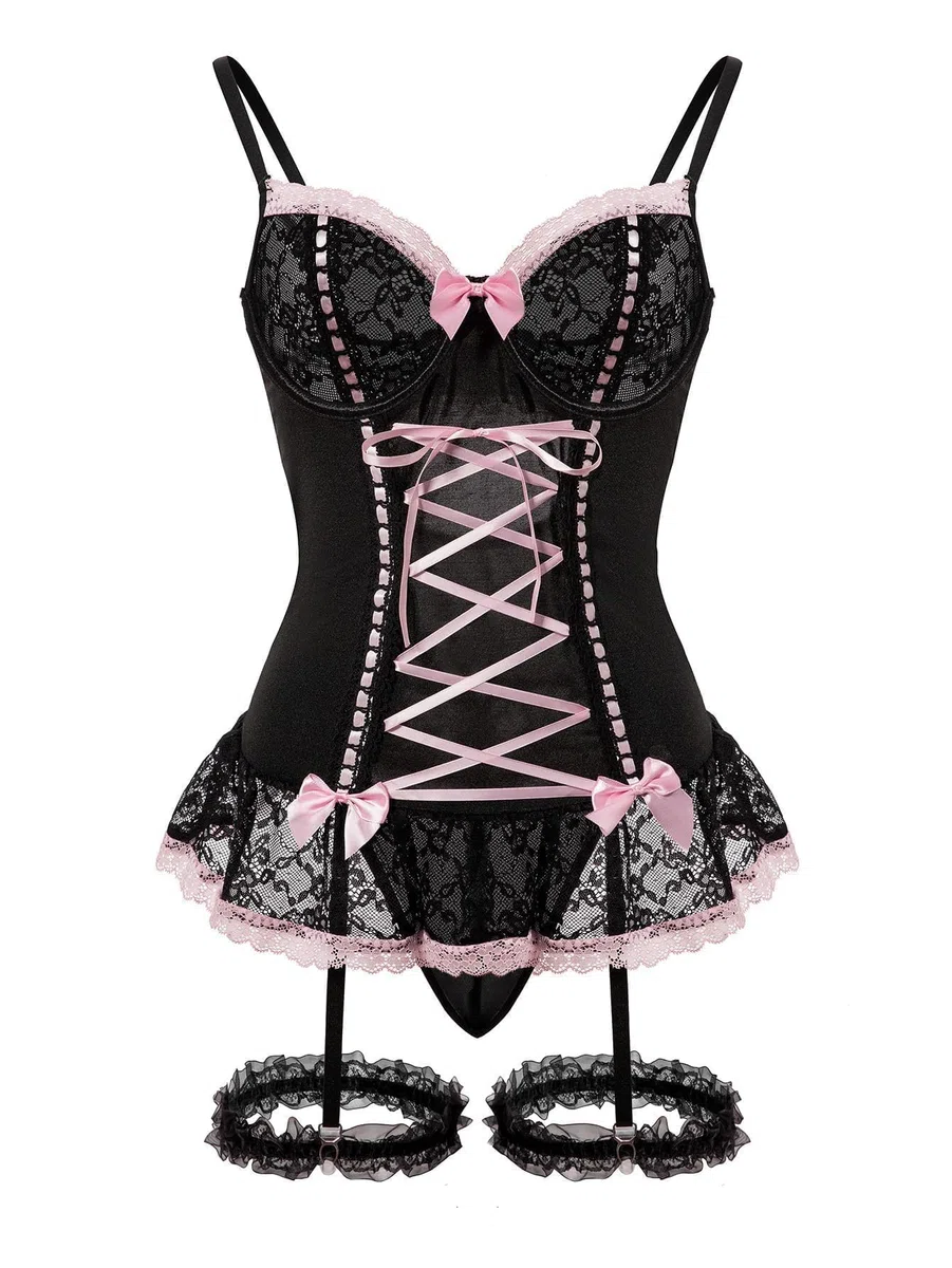 Foxiny Ensemble de lingerie sexy en maille avec corset à volants et armatures avec porte-jarretelles transparente et string pour femme