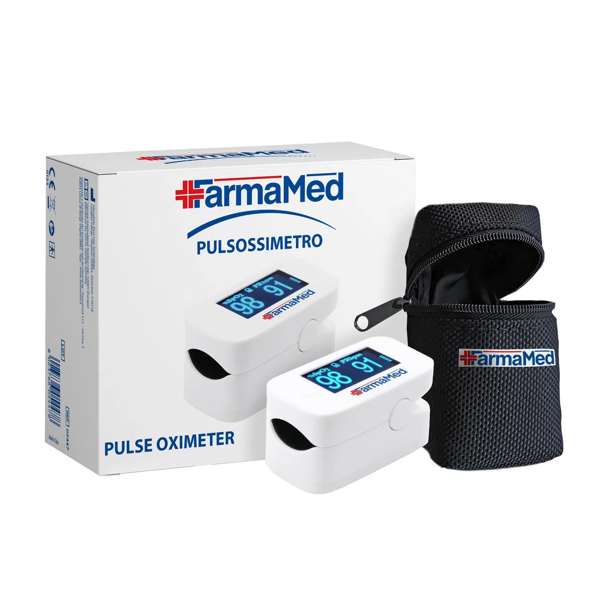 FARMAMED 3 in 1 Oxymètre de Pouls, Saturomètre, Oxymètre de Doigt, Saturation Artérielle Oxygène (SpO2), Fréquence Cardiaque (PR) et Indice perfusion (PI), Écran OLED XXL, Étui rigide, Blanc