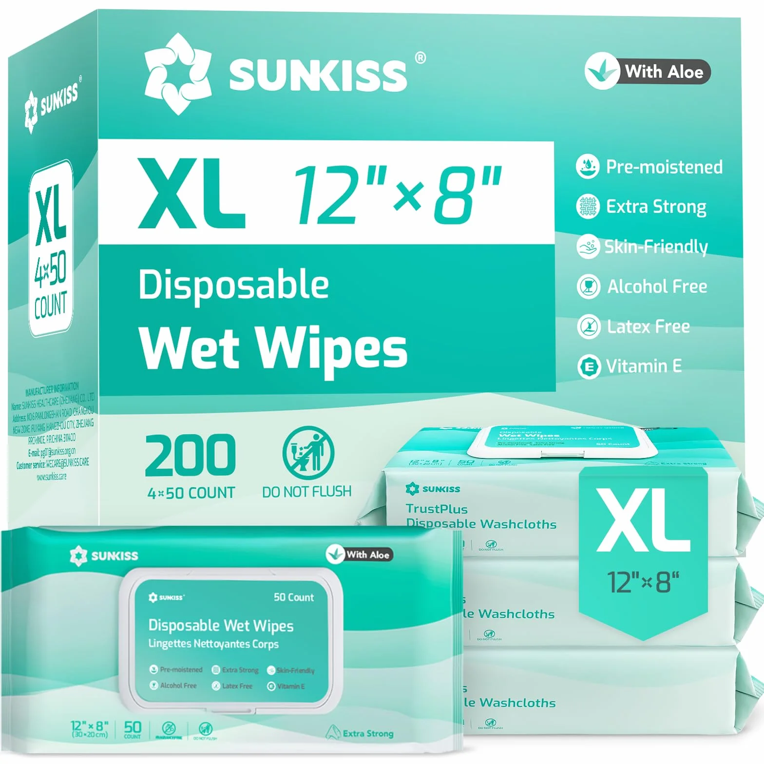 SUNKISS TrustPlus Lingettes Adultes XL Extra Épaisses 20 x 30 cm, Aloe Vera, Sans Alcool et Sans Parfum, Hygiène Intime et Incontinence, 200 Unités