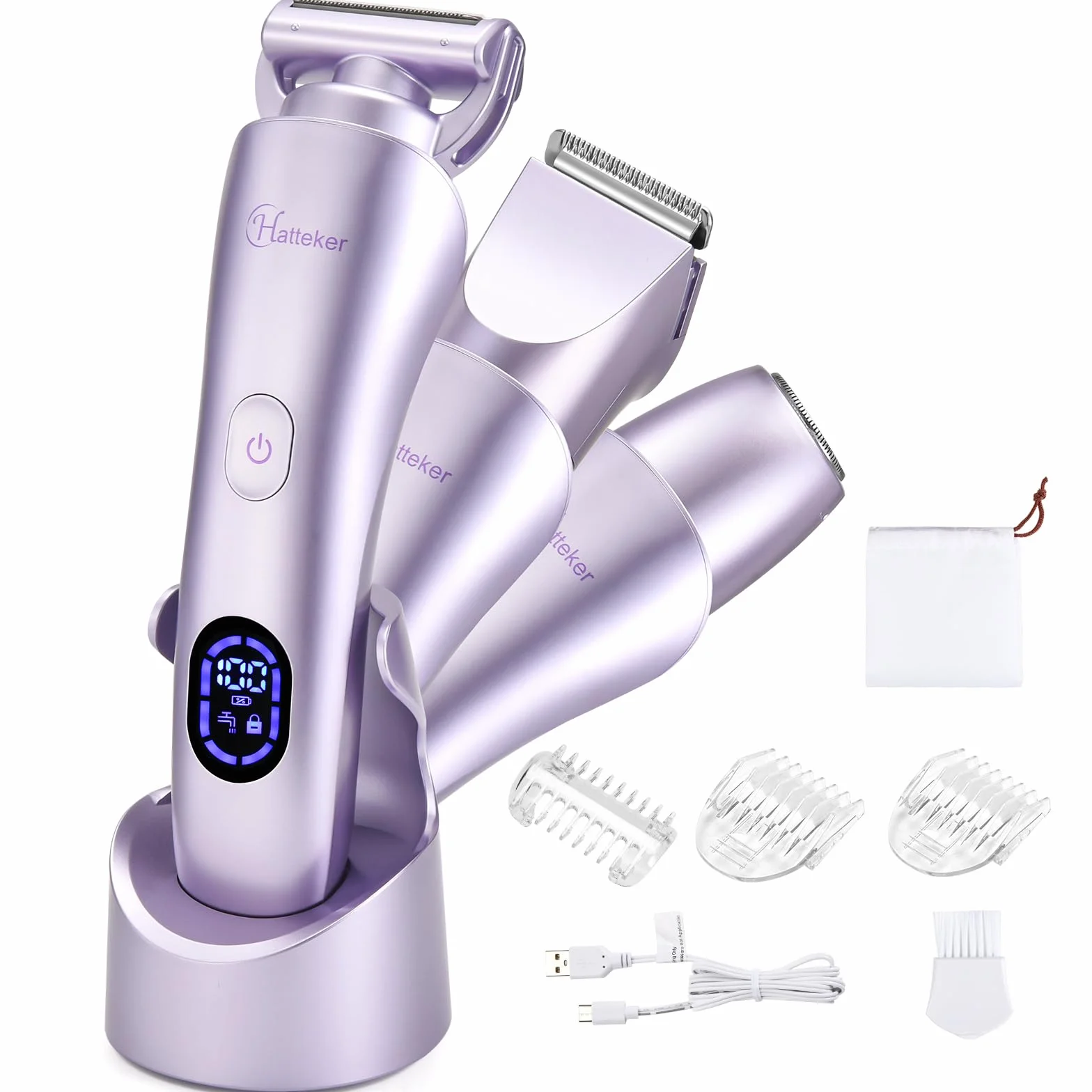 Hatteker Rasoir Electrique Femme Tondeuse Femme Intime Bikini Affichage LED étanche IPX7 3 en 1（violet）