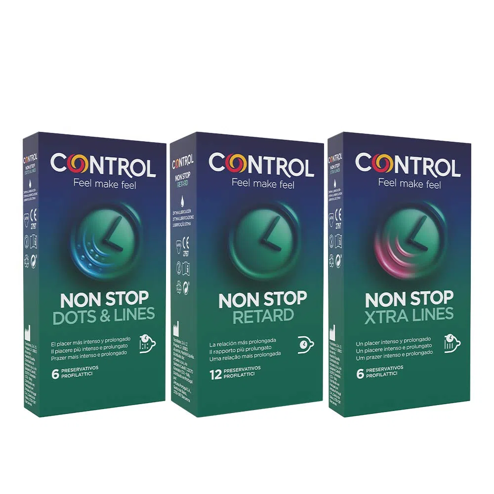 Control Effet retardateur Lot de 24 préservatifs : non stop points et vergetures and Non Stop Retard and Non Stop Xtra Lines, Pack de 3 boîtes, sans parfum