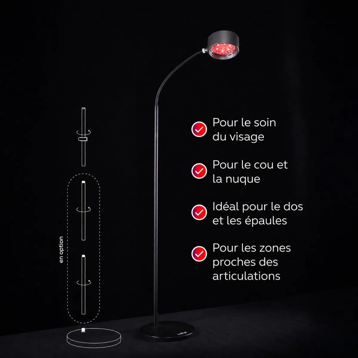 Gen30 Lampe LED à lumière rouge avec 6 longueurs d'onde (630-850 nm) | Lampe lumière rouge et infrarouge proche avec mode vision 670 nm | Réglable en hauteur en continu, mode impulsion (noir)