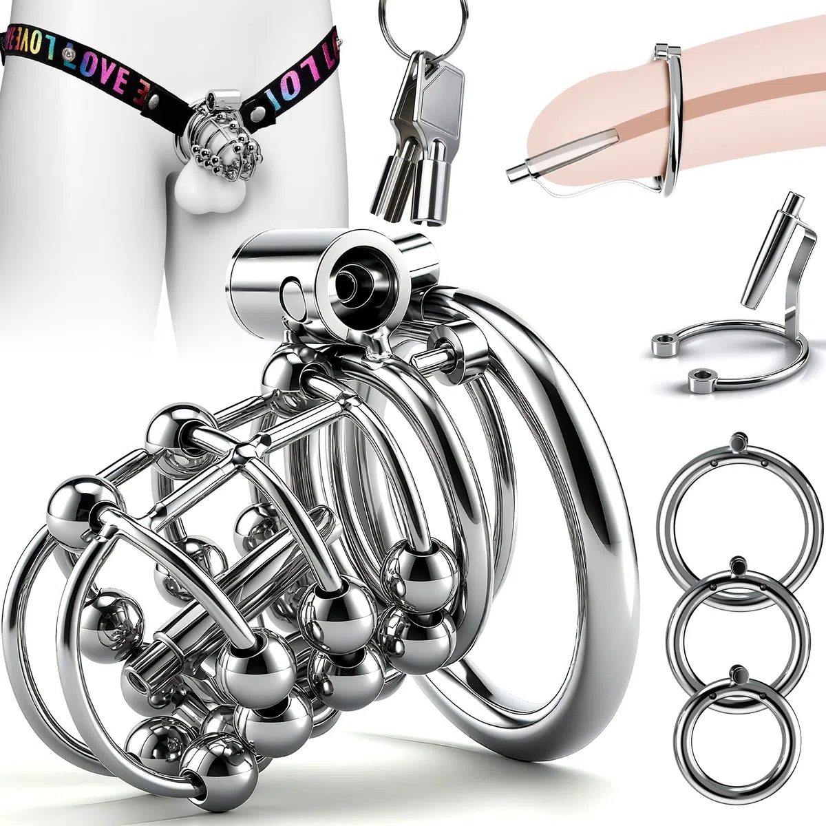 Cage de Chasteté Pénis Sex Toýs Homme Couple - Cage à Pénis Avec Anneaux de 3 Tailles, Cathéter Urétral et Ceinture de Chasteté, BDSM Cock Cage Serrure Invisible pour Empêcher L‘érection