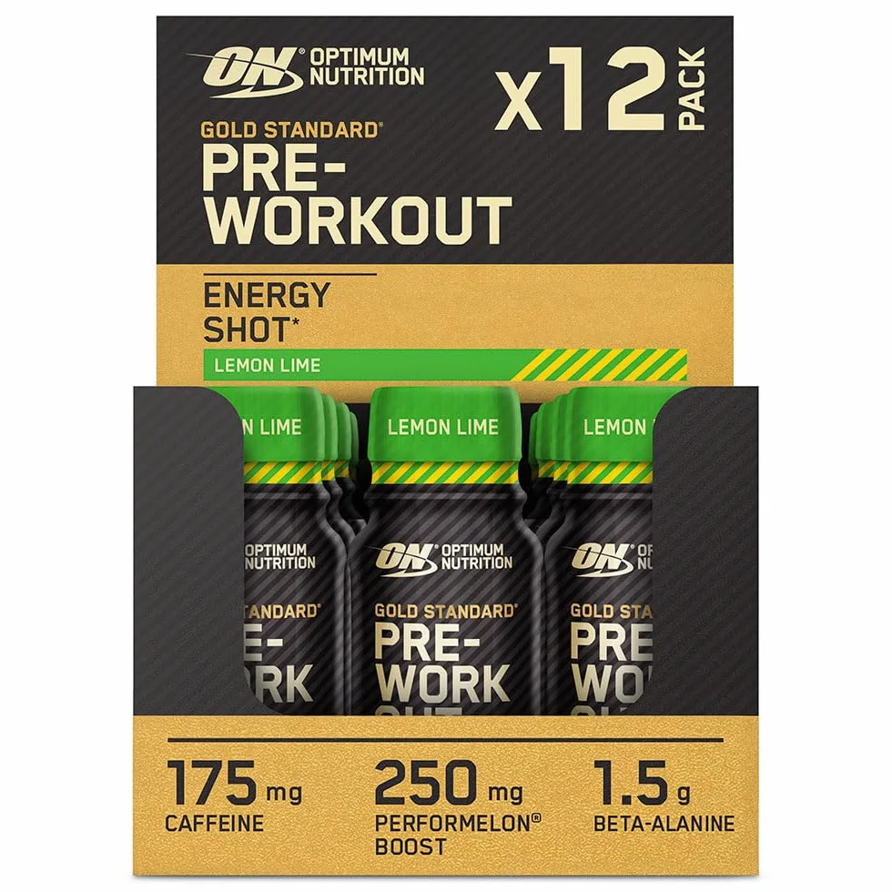 Optimum Nutrition Gold Standard Shots énergétiques Pre Workout, complément prêt à boire avec Bêta Alanine, Caféine, PerforMelon et Vitamines B6 et B12, Goût Citron vert, Pack de 12 (12 x 60 ml)