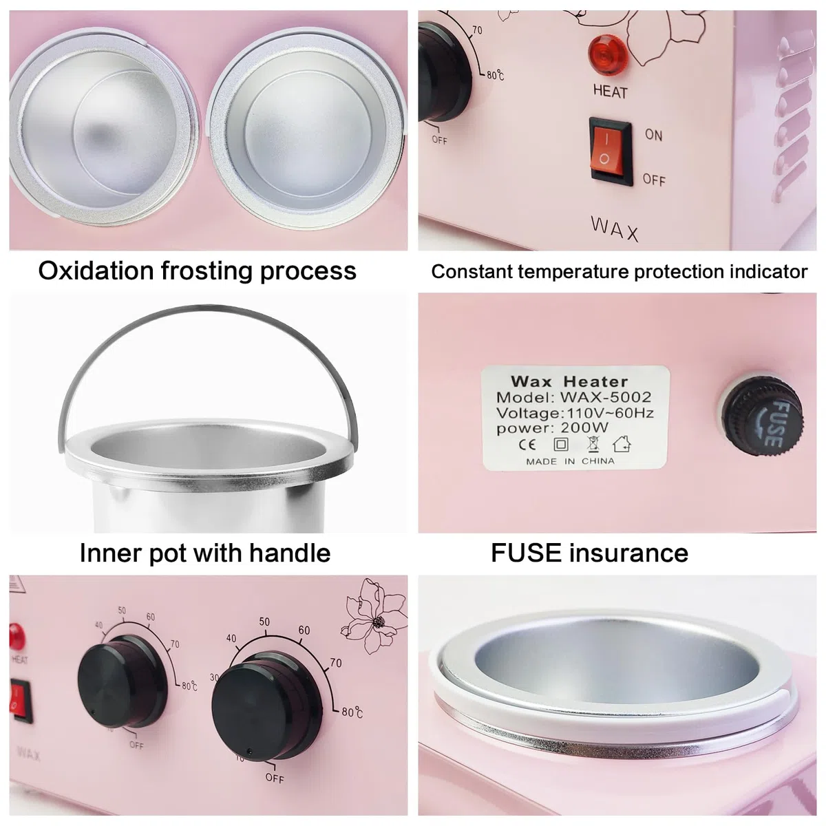 Chauffe-cire portable avec température réglable et 40 bâtons de cire - Épilation indolore pour homme et femme (rose - double pots)