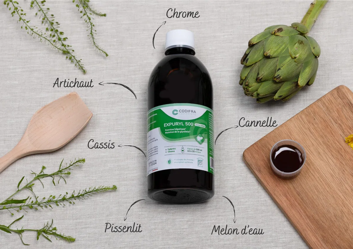 Codifra - Expuryl, Complément Alimentaire Confort Digestif, Phytodraineur et Détox Naturel - Artichaut, Pissenlit, Curcuma, Thé Vert, Chrome - Fabrication Française - Goût Cassis - 500 ml