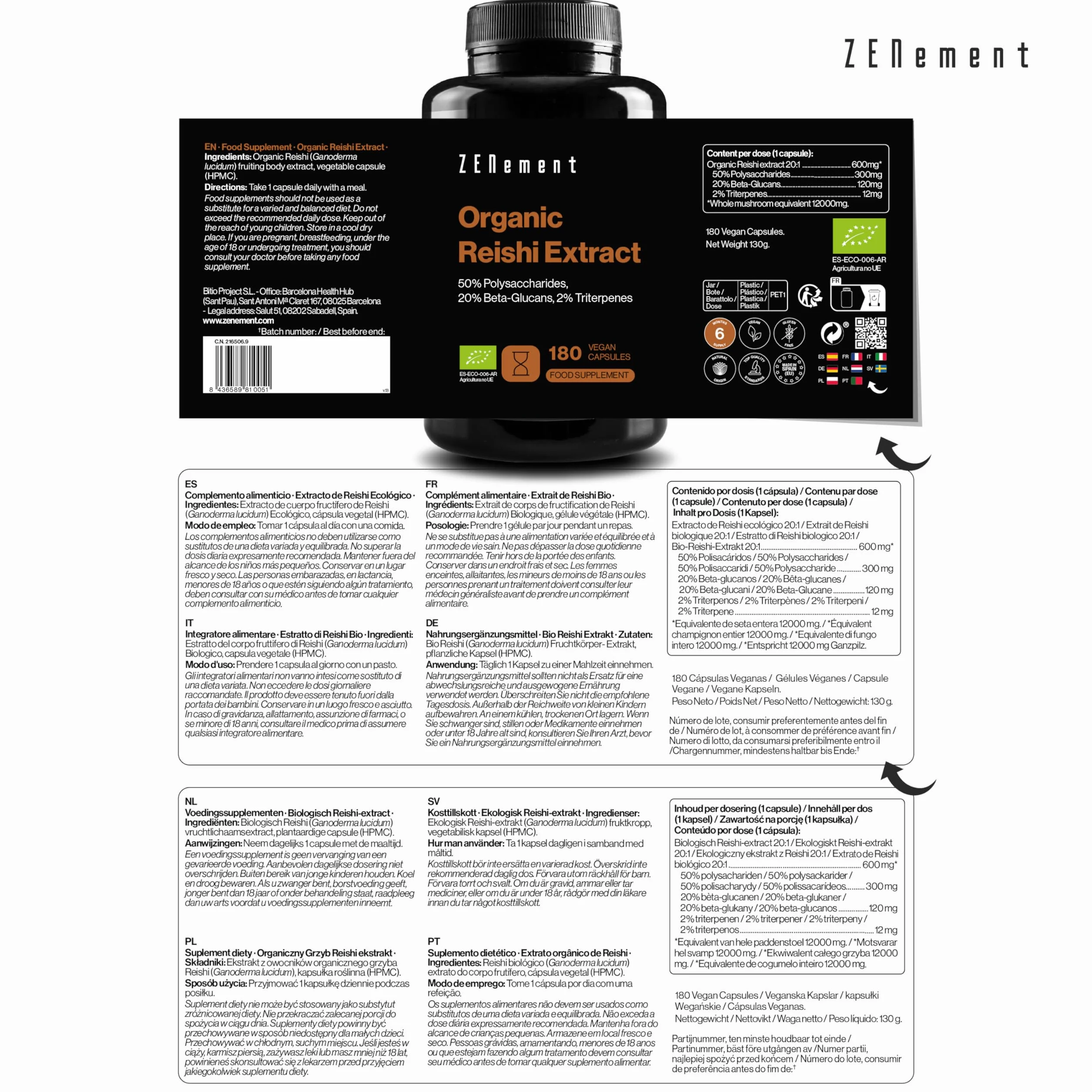 Extrait de Reishi Biologique 12000 mg (20:1) - 50% Polysaccharides, 20% Bêta-Glucanes, 2% Triterpènes (Ganoderma Lucidum) - 180 Gélules Véganes (6 Mois) - Sans Additifs, Sans OGM - Zenement