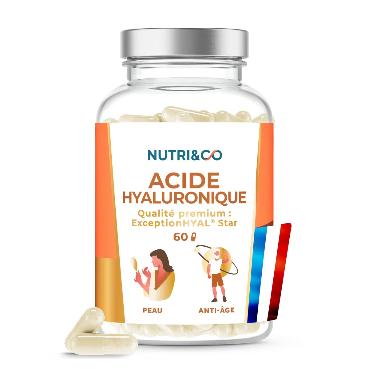 NUTRI & CO Acide Hyaluronique - Formule Anti-Age & Anti-Rides Efficace - Hydrate en Profondeur - Hydratation et Élasticité de la Peau - 60 gélules Vegan Made in France