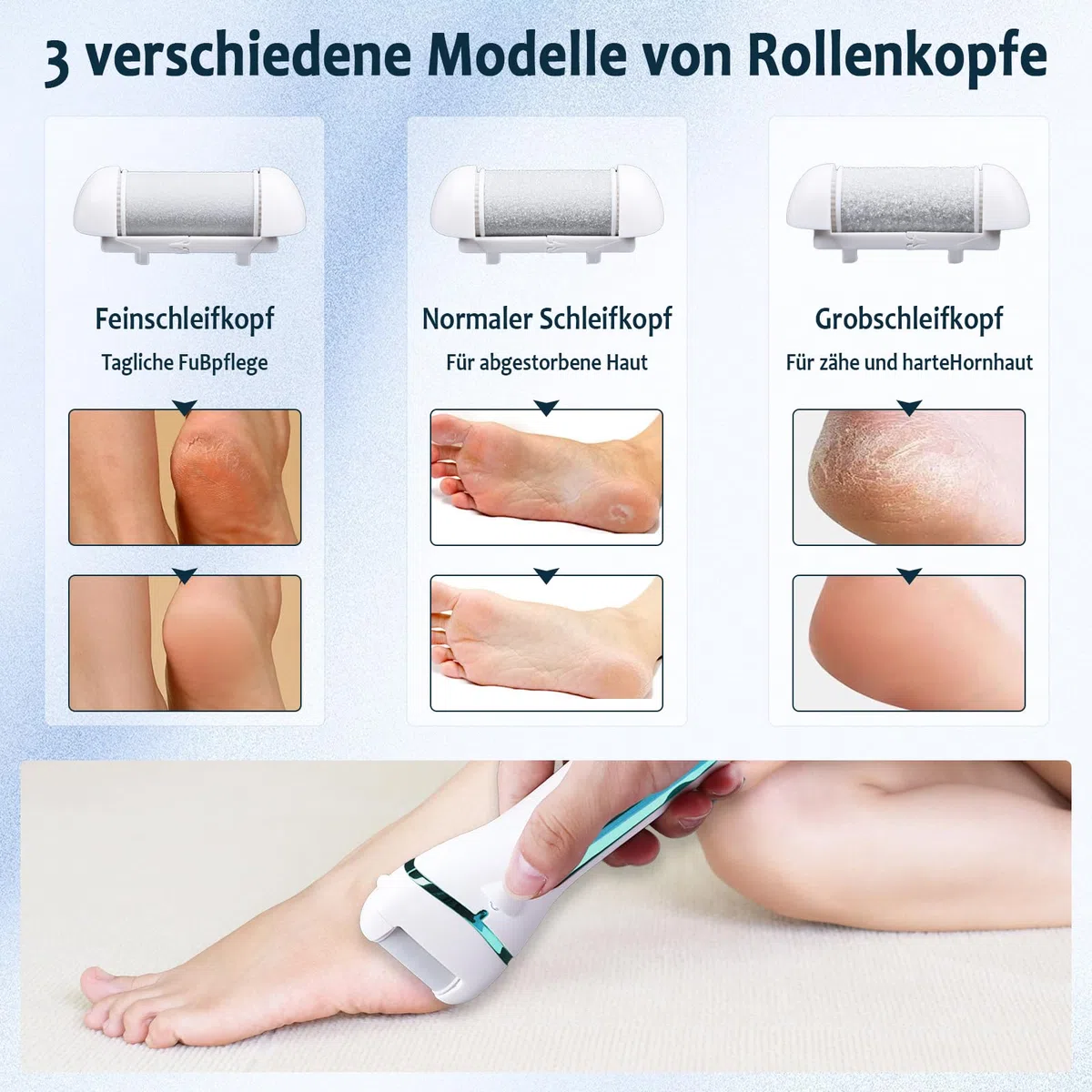 Rapeuse Pieds Electrique avec 3 Rouleaux, 16 en 1 Kit de Pédicure Professionnel Anti-callosités,3 Vitesses Râpe à Pieds Étanche Portable,1200mAH Rechargeable (Bleu)