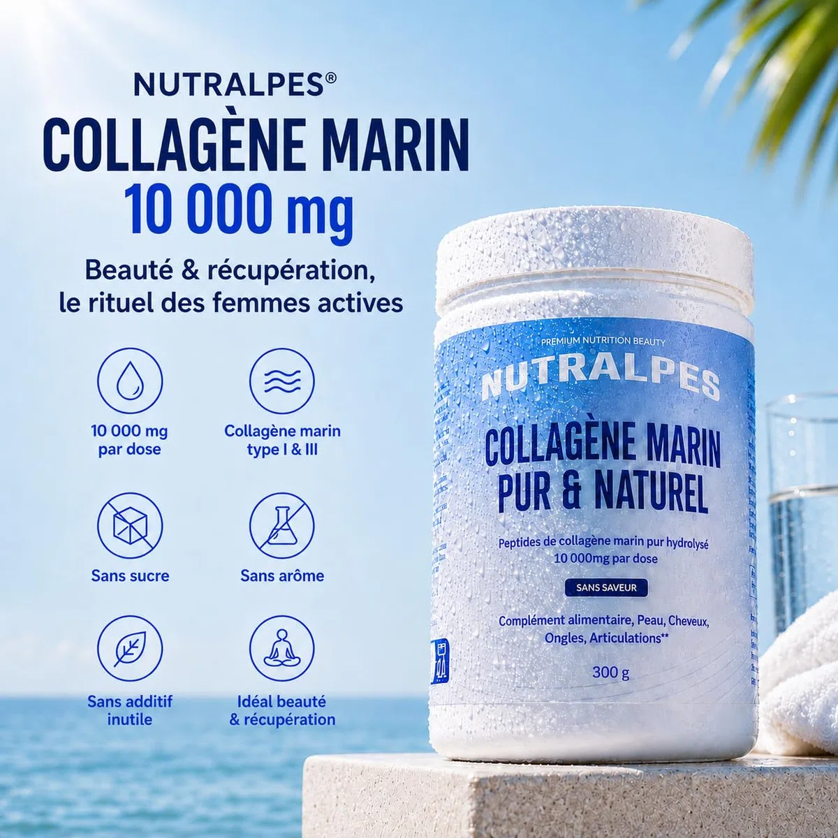 Collagène Marin Poudre 10 000 mg | Beauté & Récupération | Peptides Hydrolysés Type I & III | Sans Saveur Sans Sucre | 300 g Cure 30 Jours | Fabriqué en France