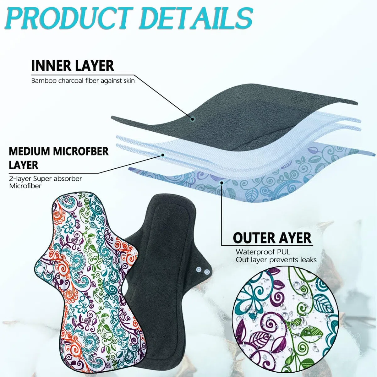 Serviettes Hygiéniques Lavables Réutilisables Flux Abondant 4 Pack - Taille XL (32cm), Extrémité Allongée Élargie Anti-Fuite Serviette Hygiénique Nuit, avec Sac Imperméable