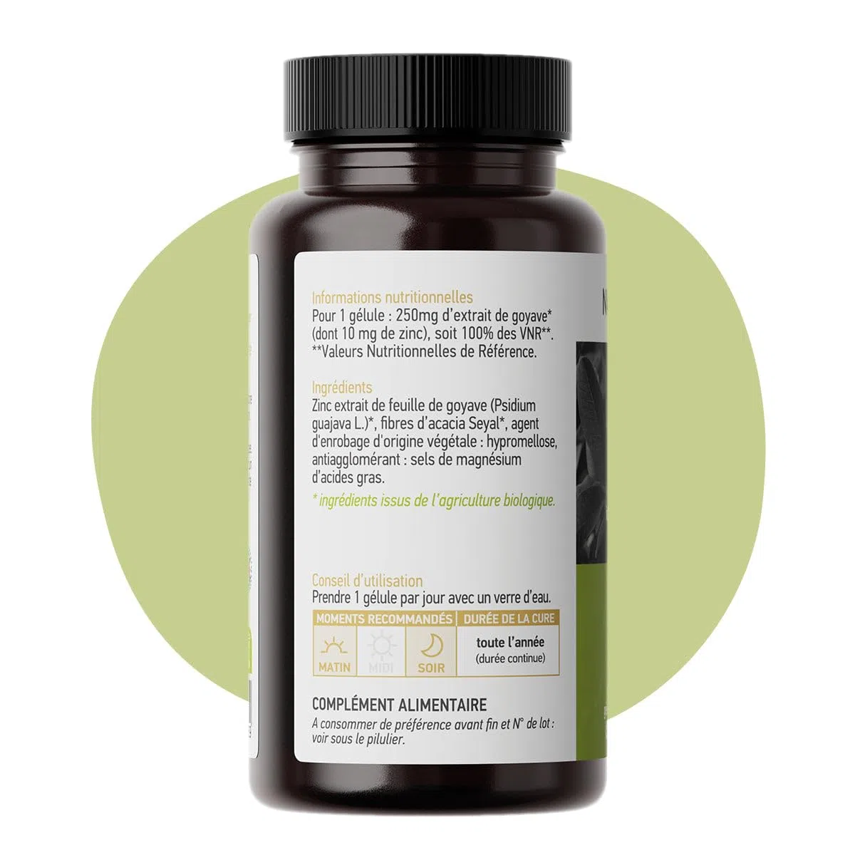 Zinc de Goyave - Naturel et à Haute Assimilation - Stress Oxydatif, Système Immunitaire - Issu des Feuilles de Goyave, Couvre 100% des VNR - Boite de 90 Gélules