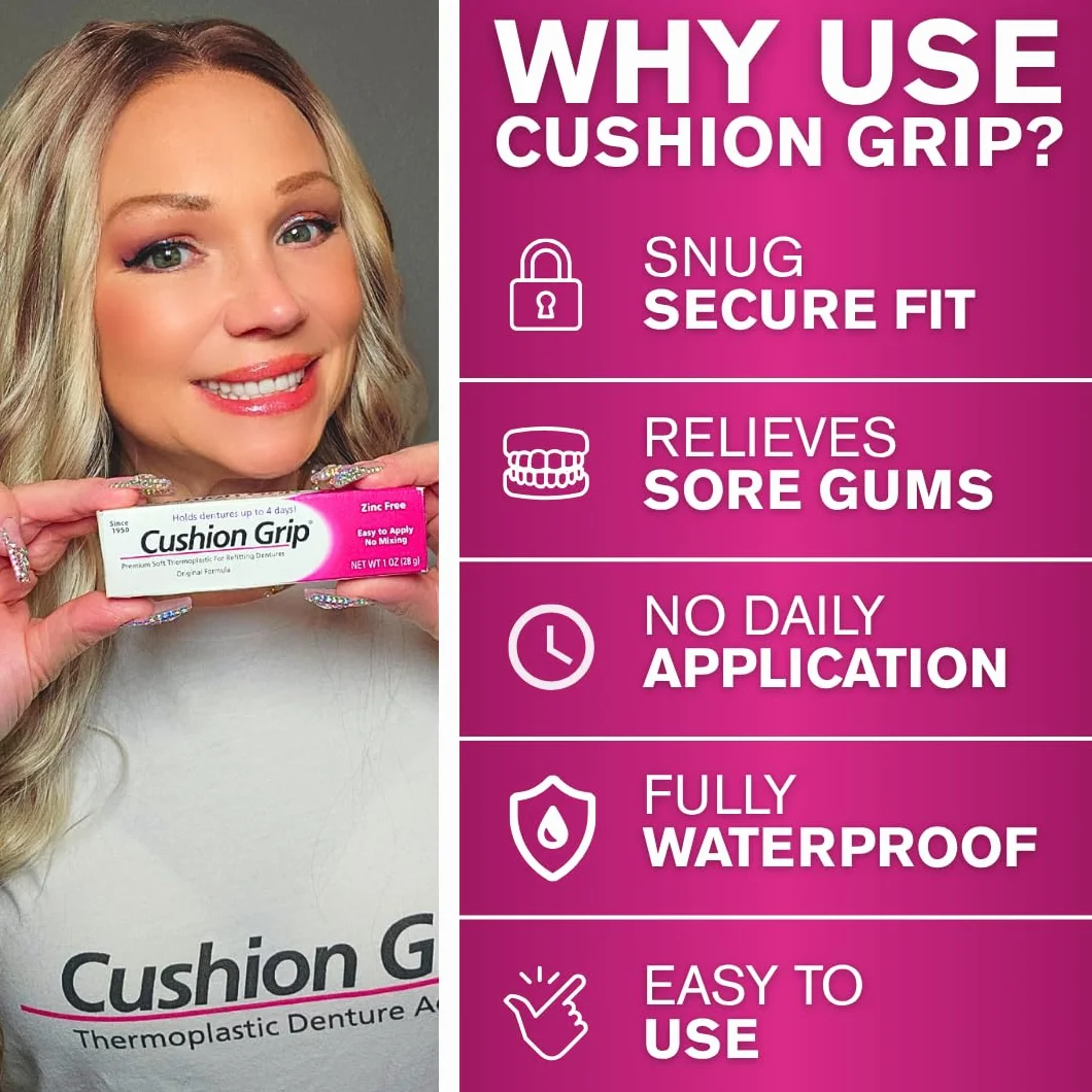 Cushion Grip - Adhésif souple pour prothèses dentaires en thermoplastique souple et pliable pour le remontage et le serrage 1 oz (28 grammes)