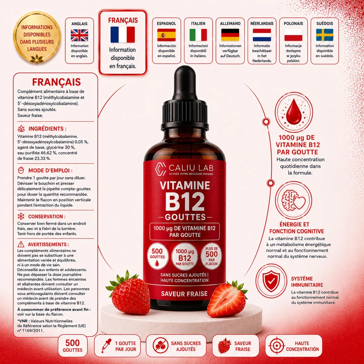 Vitamine B12 Méthylcobalamine Sublinguale | 100 ml Gouttes Liquides | Haute Concentration en Vitamine B12 Active | Complément Alimentaire pour l'Énergie, le Système Nerveux et le Métabolisme