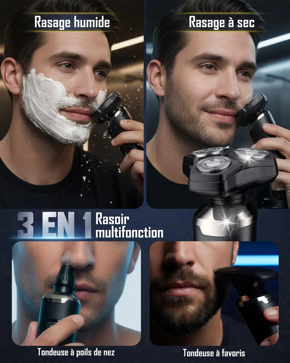 Rasoir Électrique Homme 4D Magnétique à 3 Têtes Flottante,Tondeuse Barbe Étanche IPX6 Humide/Sec avec Écran LCD, 90 Min d'Autonomie, USB-C à Charge Rapide, Rasoir Portable pour Voyage et Maison