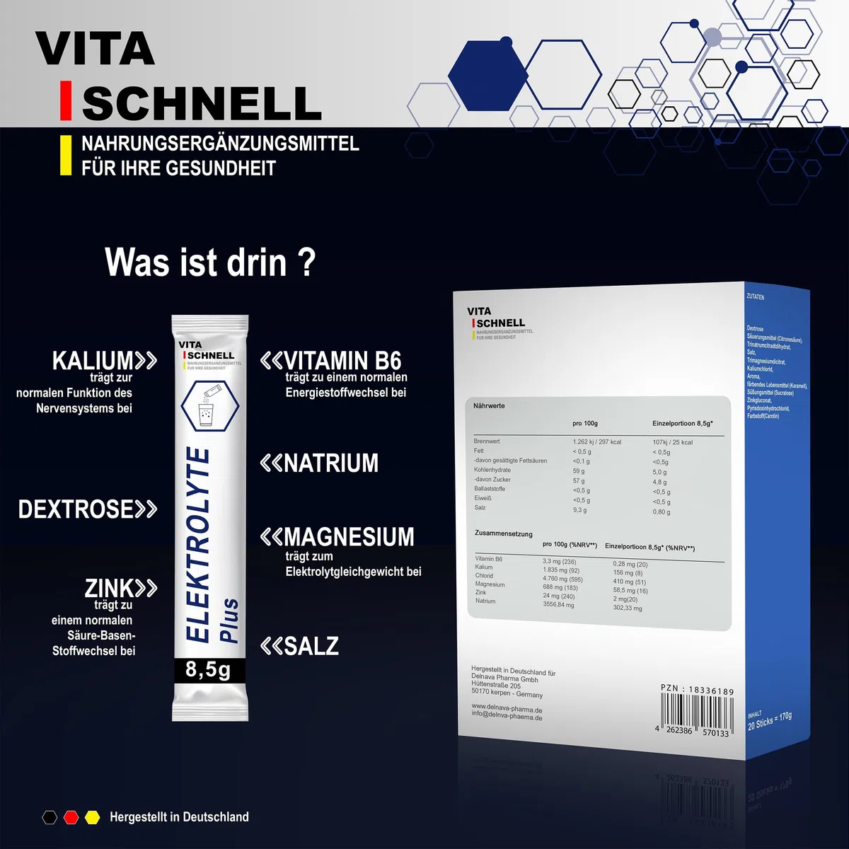 VITA SCHNELL Electrolytes Plus solution de réhydratation - perte d'eau et de sels corporels, après le sport - 3x 20 sticks de 8,5 g