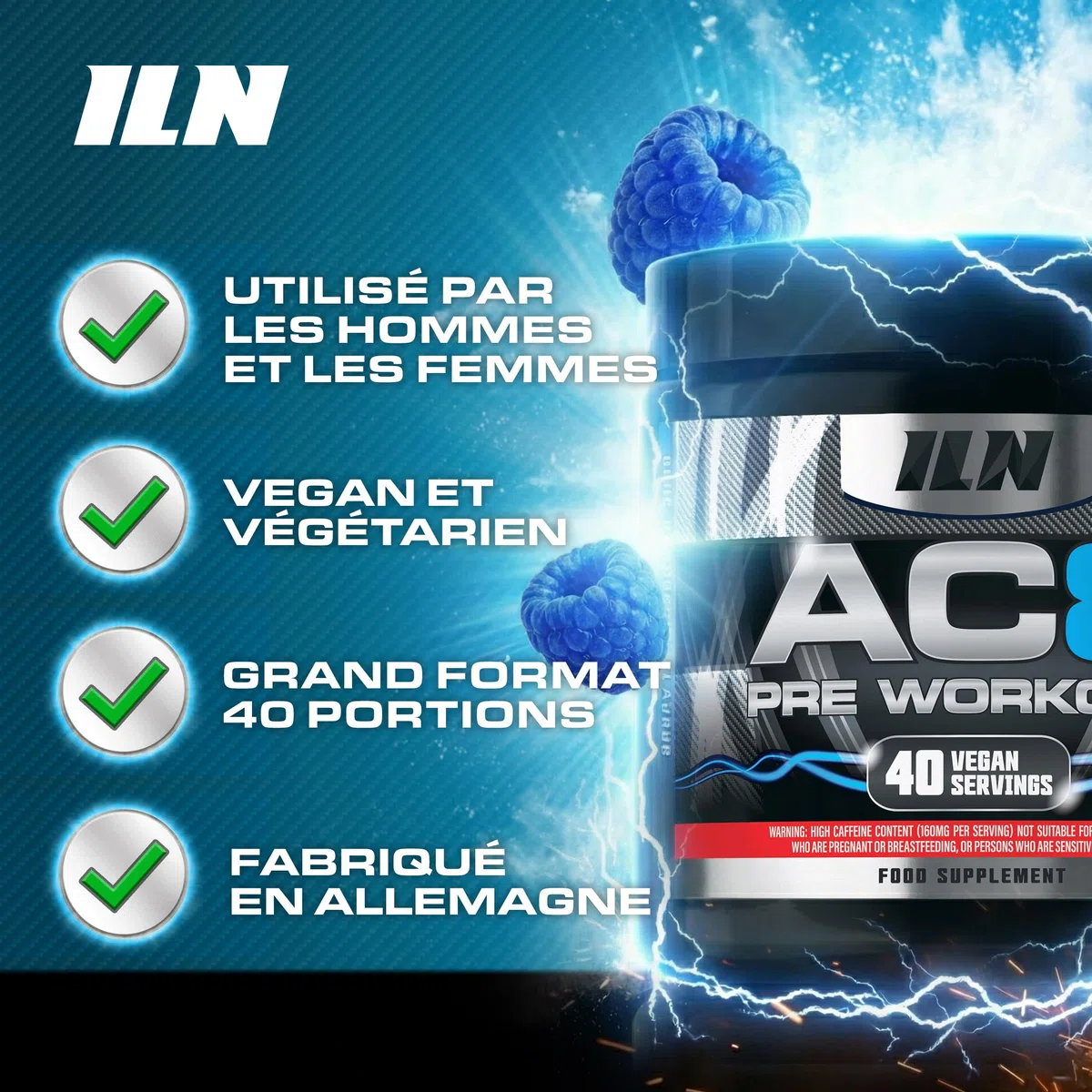 AC8 Pre Workout poudre framboise bleue 360 g - preworkout booster puissant pour hommes et femmes - avec créatine, caféine et vitamine B12 - jusqu’à 6 660 mg par portion