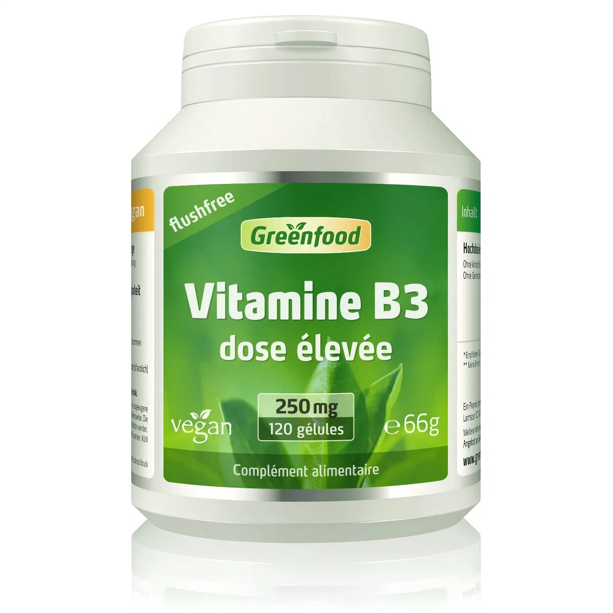 Greenfood La Vitamine B3, Sans chasse d'eau, 250 mg, dose élevée, 120 gélules - à réduire la fatigue. Sans additifs artificiels. Sans génie génétique. Vegan.