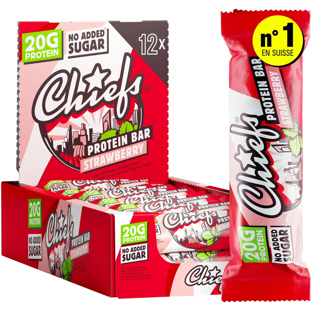 Chiefs Protein Bar (Strawberry) • Barre protéinée premium avec 20g de protéines & 209 kcal par barre • Sans sucre ajouté • Barre protéinée low sugar • Goût de Strawberry • Pack de 12 (12 x 55g)