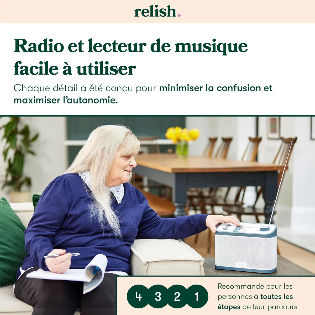 Radio Dab/FM et Lecteur de Musique Portable Simple pour Les Personnes âgées, Les Personnes souffrant de démence et d'Alzheimer ou malvoyantes - Grands Boutons, Design Simple, Facile à Utiliser