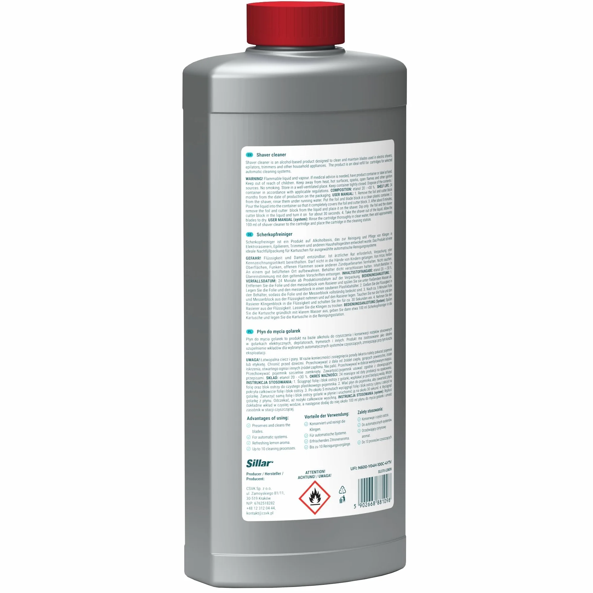 Sillar Nettoyant Tête de Rasoir 1L - Formule Citron - Compatible avec Braun CCR Séries 3, 5, 7, 9 - Solution de Nettoyage Rasoir - Hygiène Maximale et Efficacité - 2 pièces