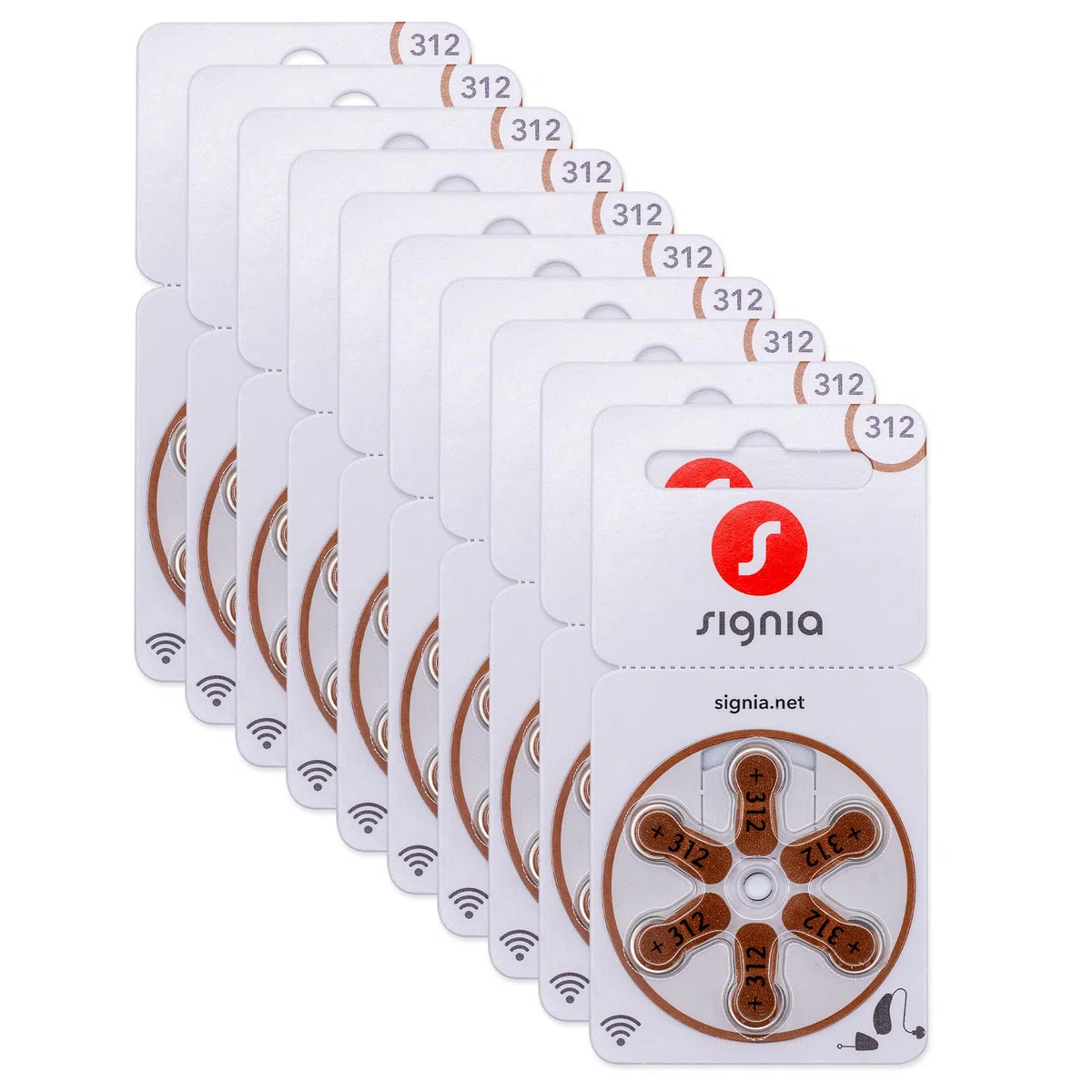 Signia Lot de 60 piles pour appareils auditifs - Taille 312 - Marron - 10 x 6 piles - Chiffon de nettoyage inclus