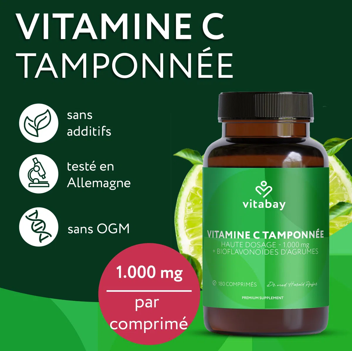 Vitabay Vitamine C 1000 mg - 180 Comprimés de Vitamine C Naturelle à Libération Prolongée - Végane sans Additifs et à Haute Dose - Vitamine C avec Bioflavonoïdes d'Agrumes - Vérifié en Laboratoire