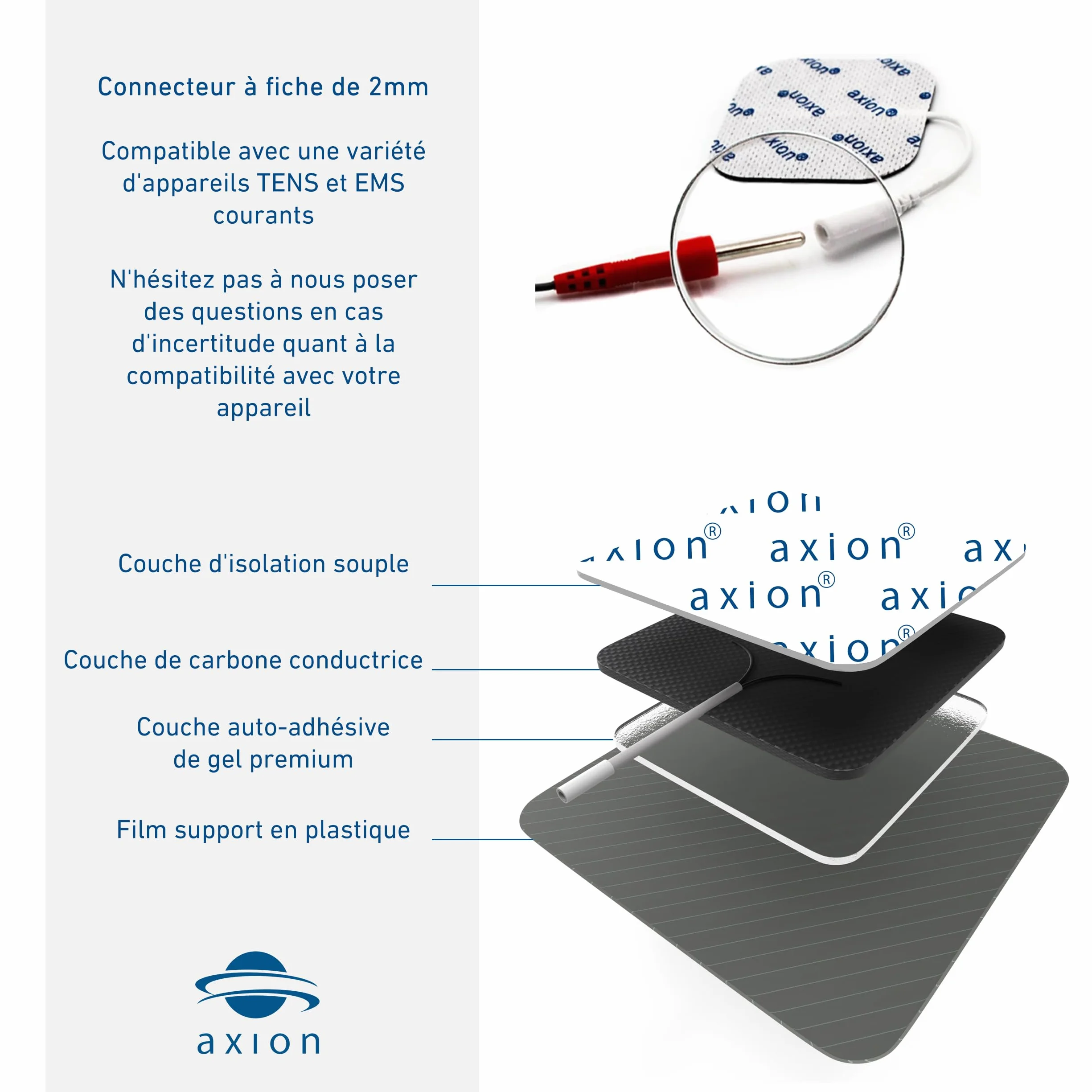 52 électrodes axion | Patchs 4x4 cm pour électrostimulateur TENS et/ou EMS réutilisables et autocollants avec connexion filaire de 2 mm
